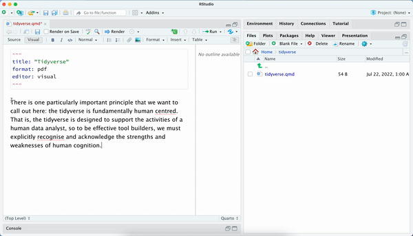 Using RStudio&#039;s Visual Editor to insert a citation from DOI. The citation is for the Welcome to the Tidyverse paper. Citation is inserted using DOI and the Insert Citation menu. Steps for inserting a citation this way can be found in the blog post.