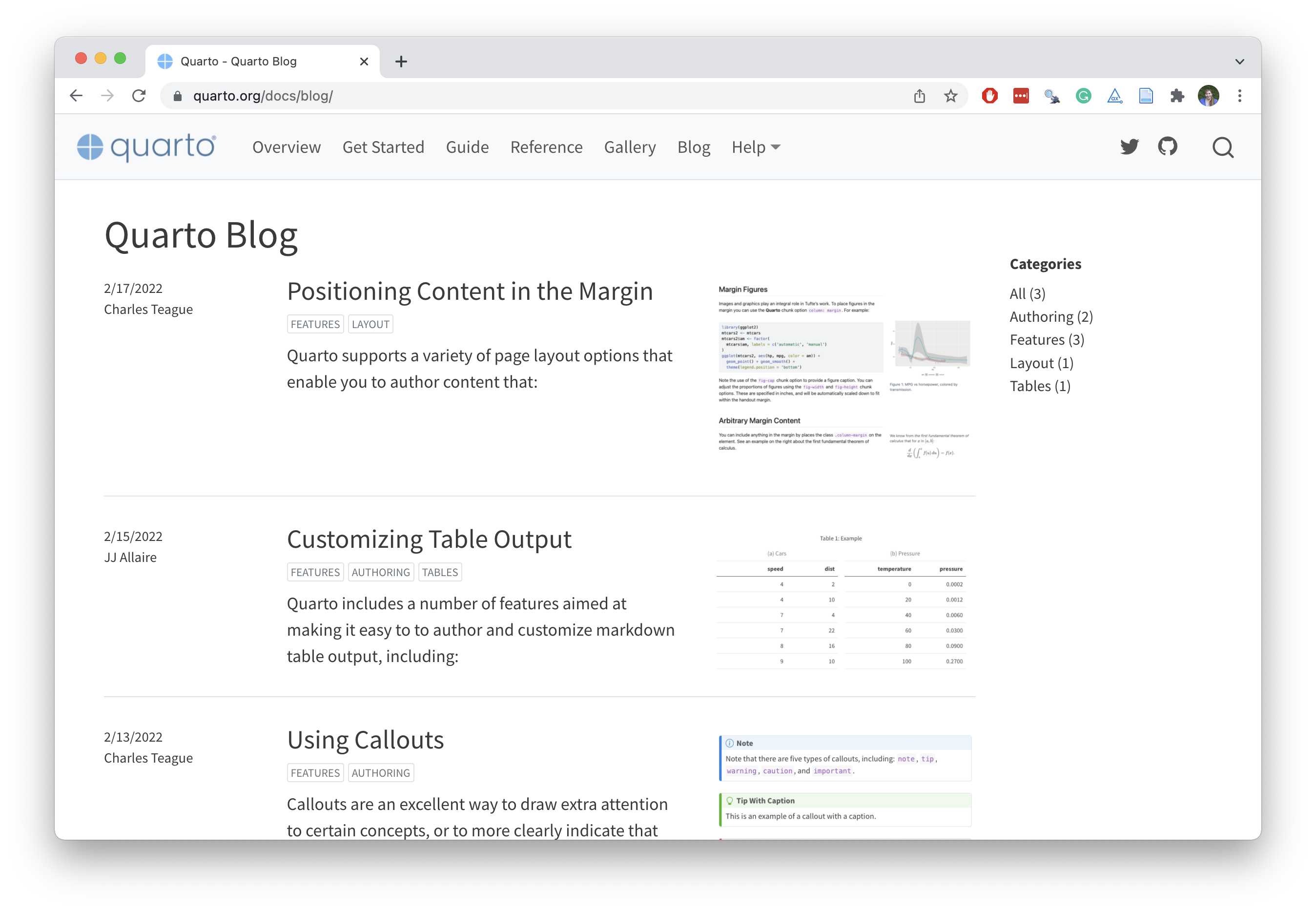 Screenshot of Quarto Blog page at https://quarto.org/docs/blog/.