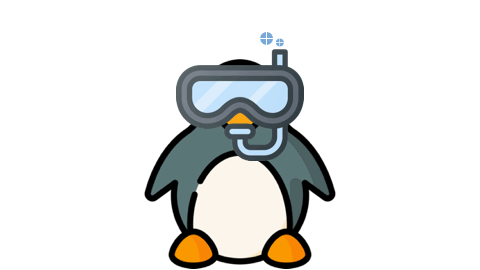 Penguin with diving googles and bubbles coming out of snorkel, bubbles are the Quarto logo.