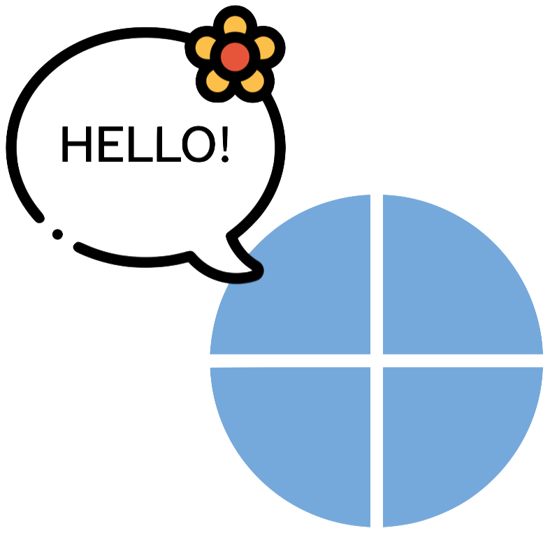 Quarto logo with a speech bubble that says "Hello". The logo is a blue circle with a white cross in the middle, dividing the circle into four equal quadrants. The speech bubble has a flower on the corner.