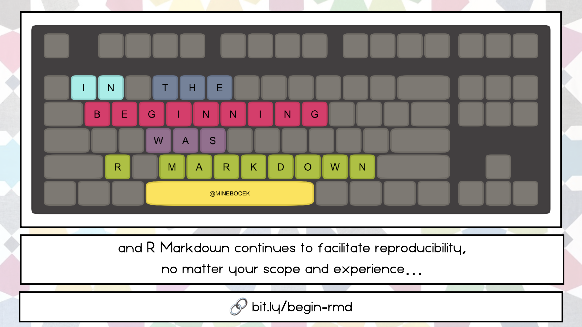 Screenshot of last slide of a previous talk titled "In the beginning was R Markdown". The letters in this title are shown are letters on a keyboard. Underneath the keyboard is a text box with the words "and R Markdown continues to facilitate reproducibility, no matter your scope and experience..." and underneath that is another text box that has a link to that slide deck: bit.ly/begin-rmd.
