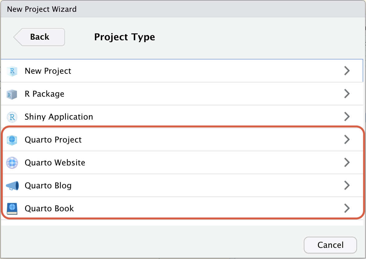 New project menu in the RStudio IDE. Four types of new projects are highlighted: Quarto Project, Quarto Website, Quarto Blog, Quarto Book.