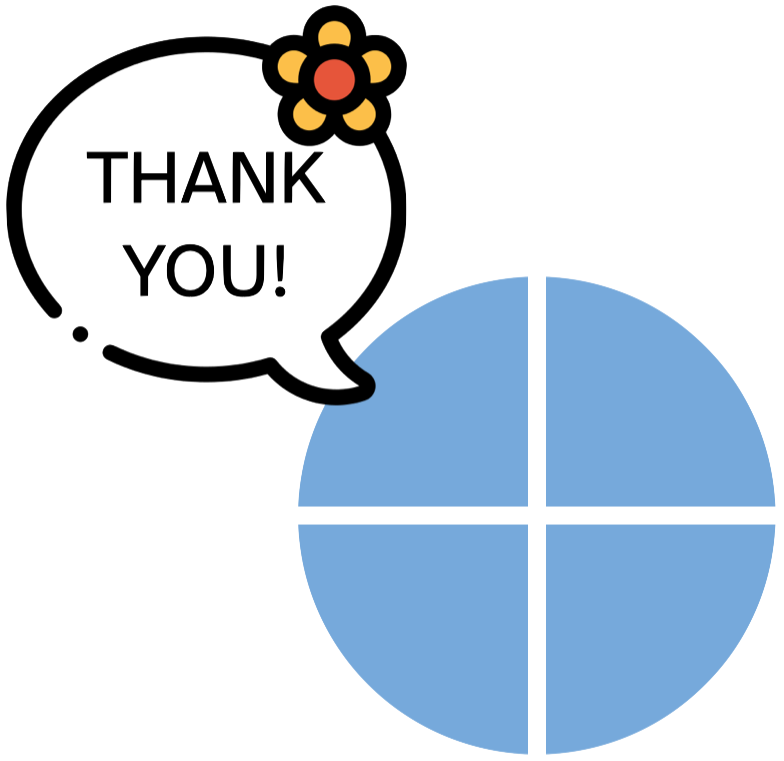 Quarto logo with a speech bubble that says "Thank you". The logo is a blue circle with a white cross in the middle, dividing the circle into four equal quadrants. The speech bubble has a flower on the corner.