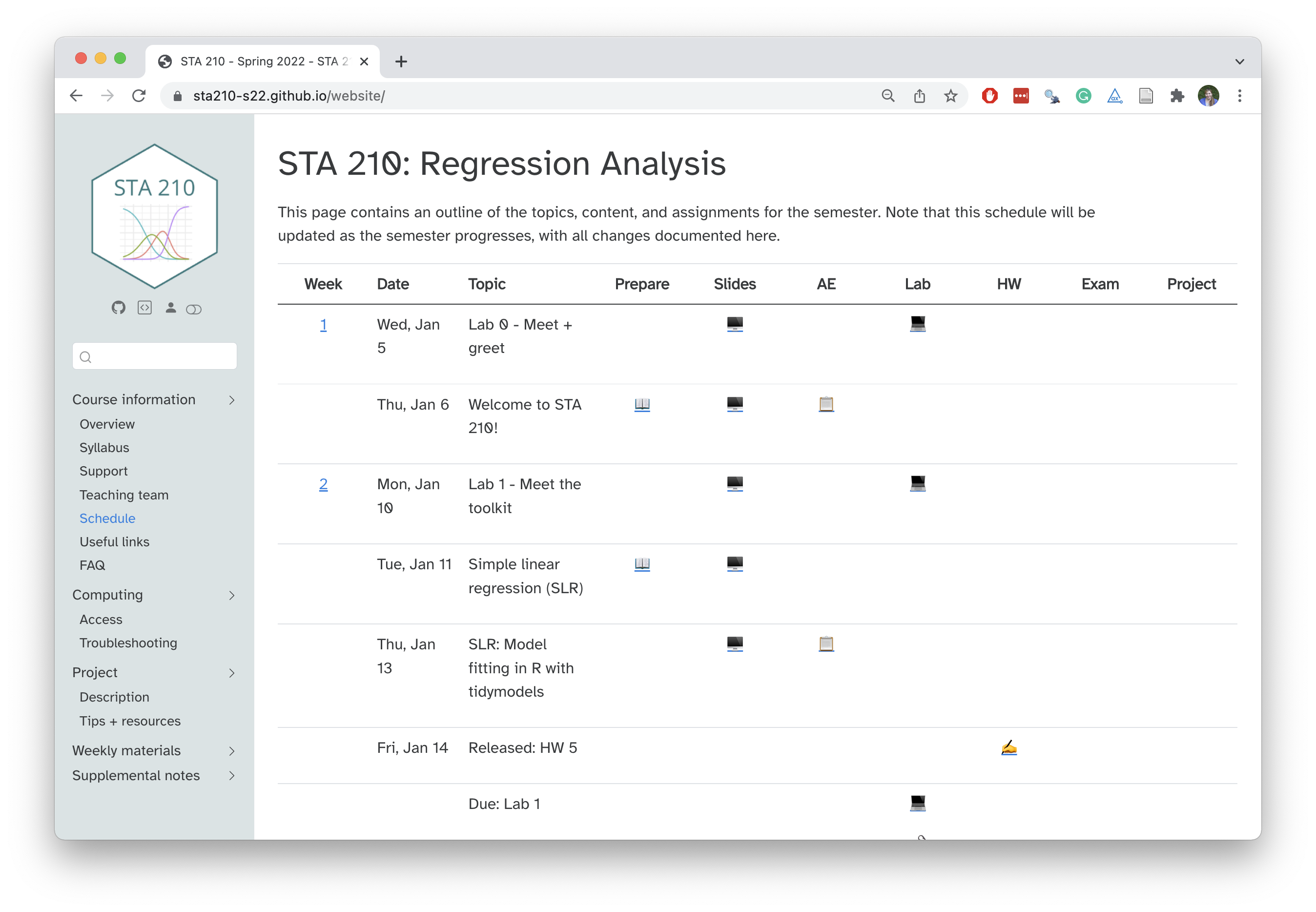 Screenshot of course website for STA 210 at Duke at https://sta210-s22.github.io/website/.