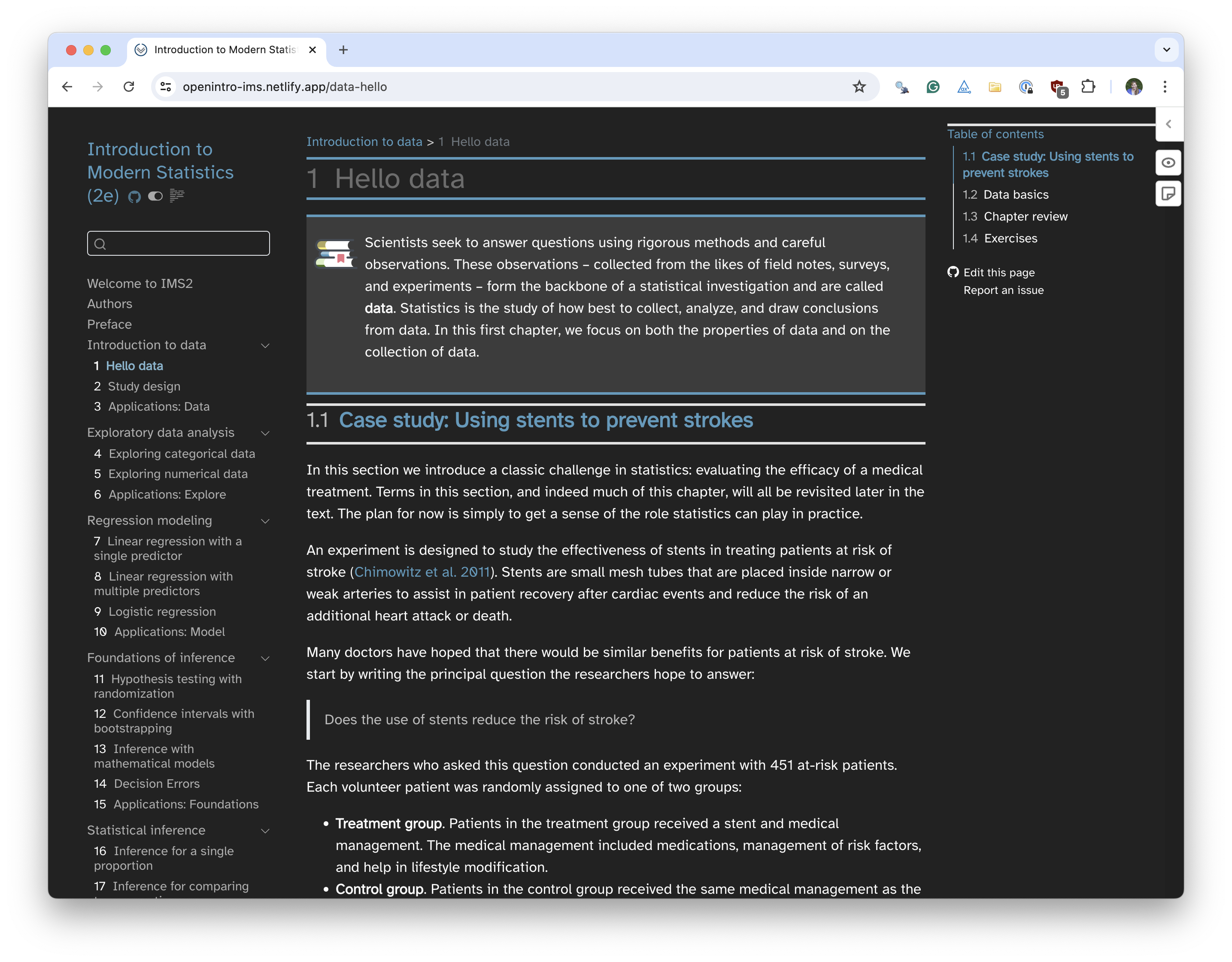 Screenshot of introduction to Chapter 1 of Introduction to Modern Statistics in HTML in dark mode.