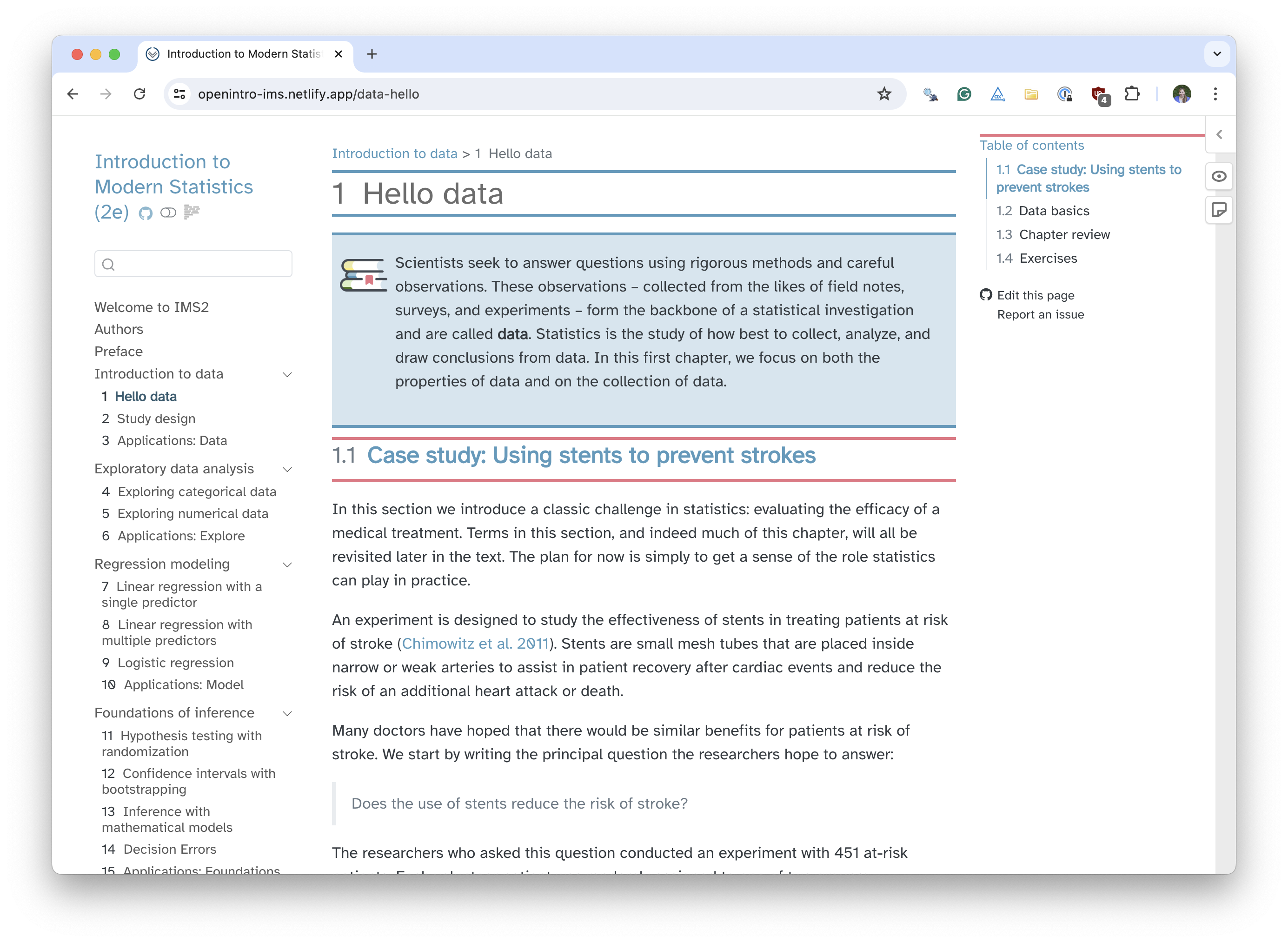 Screenshot of introduction to Chapter 1 of Introduction to Modern Statistics in HTML in light mode.