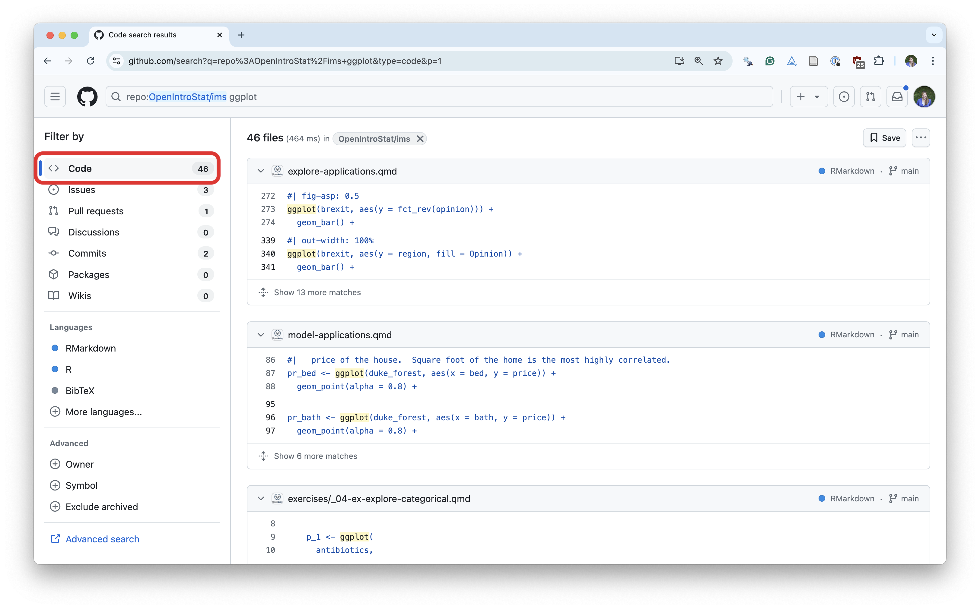 Results for searching for ggplot keyword in the GitHub interface in the repo for Introduction to Modern Statistics. Search finds 46 files contain this text.