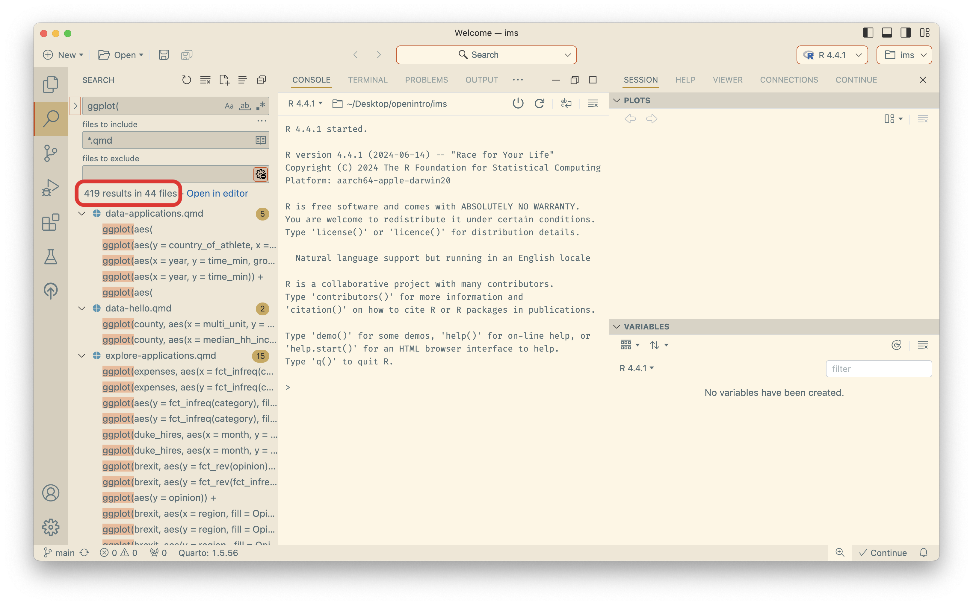 Results for searching for ggplot keyword in Positron in the folder for Introduction to Modern Statistics. Search finds 44 files contain this text and there are over 400 mentions of it across these files.