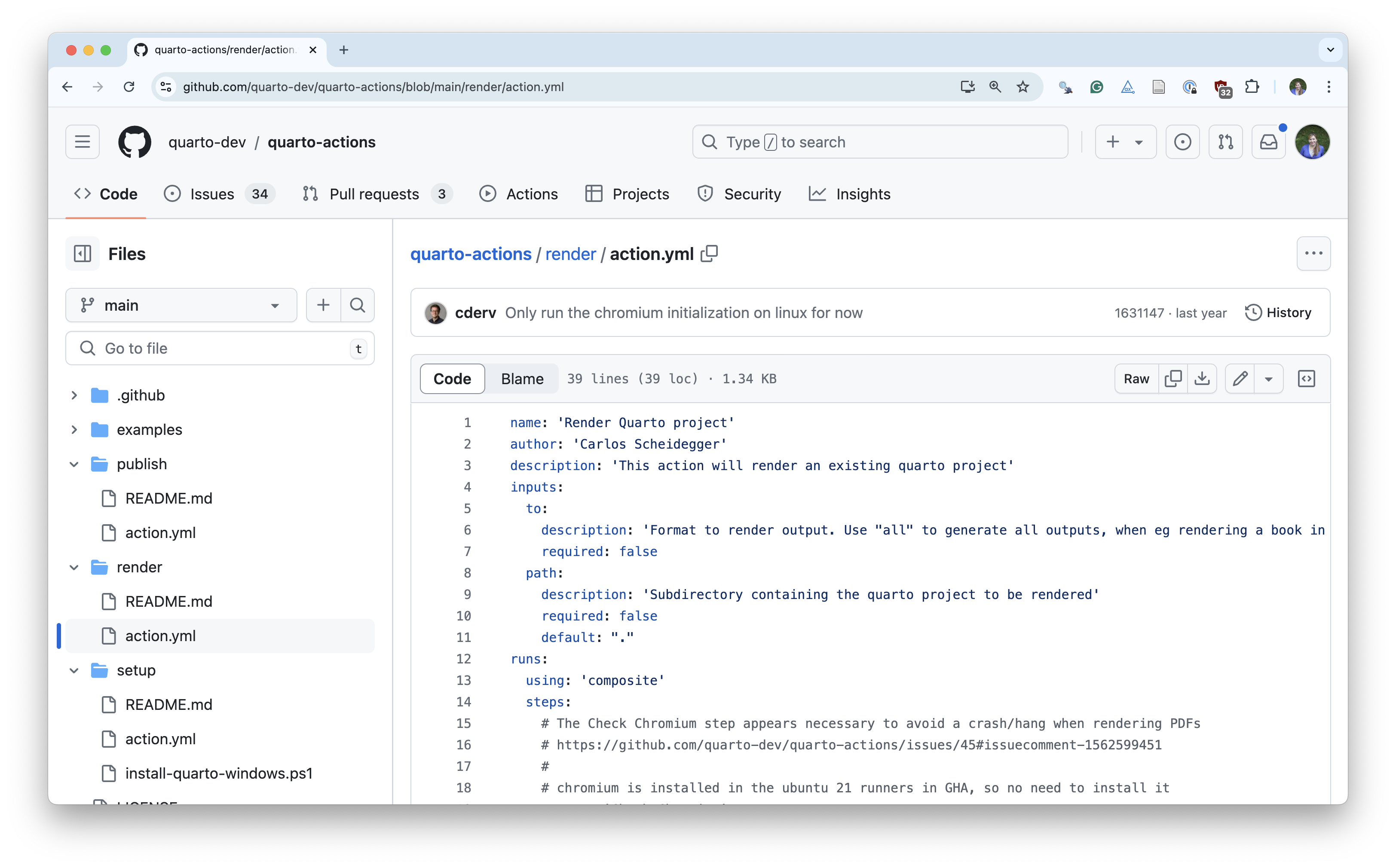Screenshot of GitHub action for rendering a Quarto document from the quarto-actions repo.
