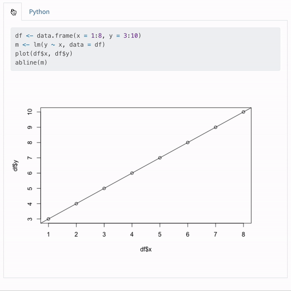 GIF of going between tabs of output that is the result of the code in the previous slide. One tab contains a plot made with R and the other with Python.