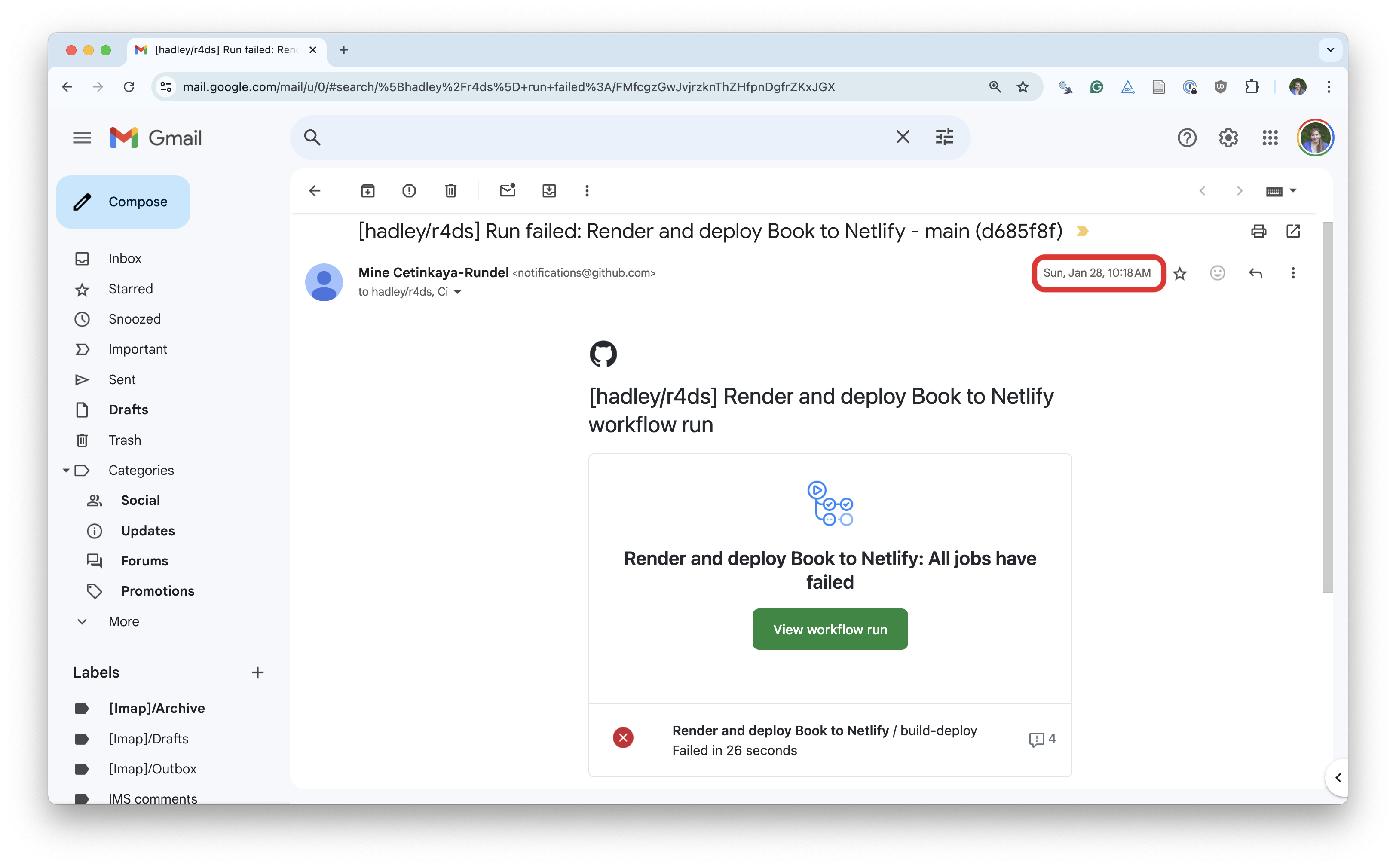 Screenshot of GitHub Action failure email.