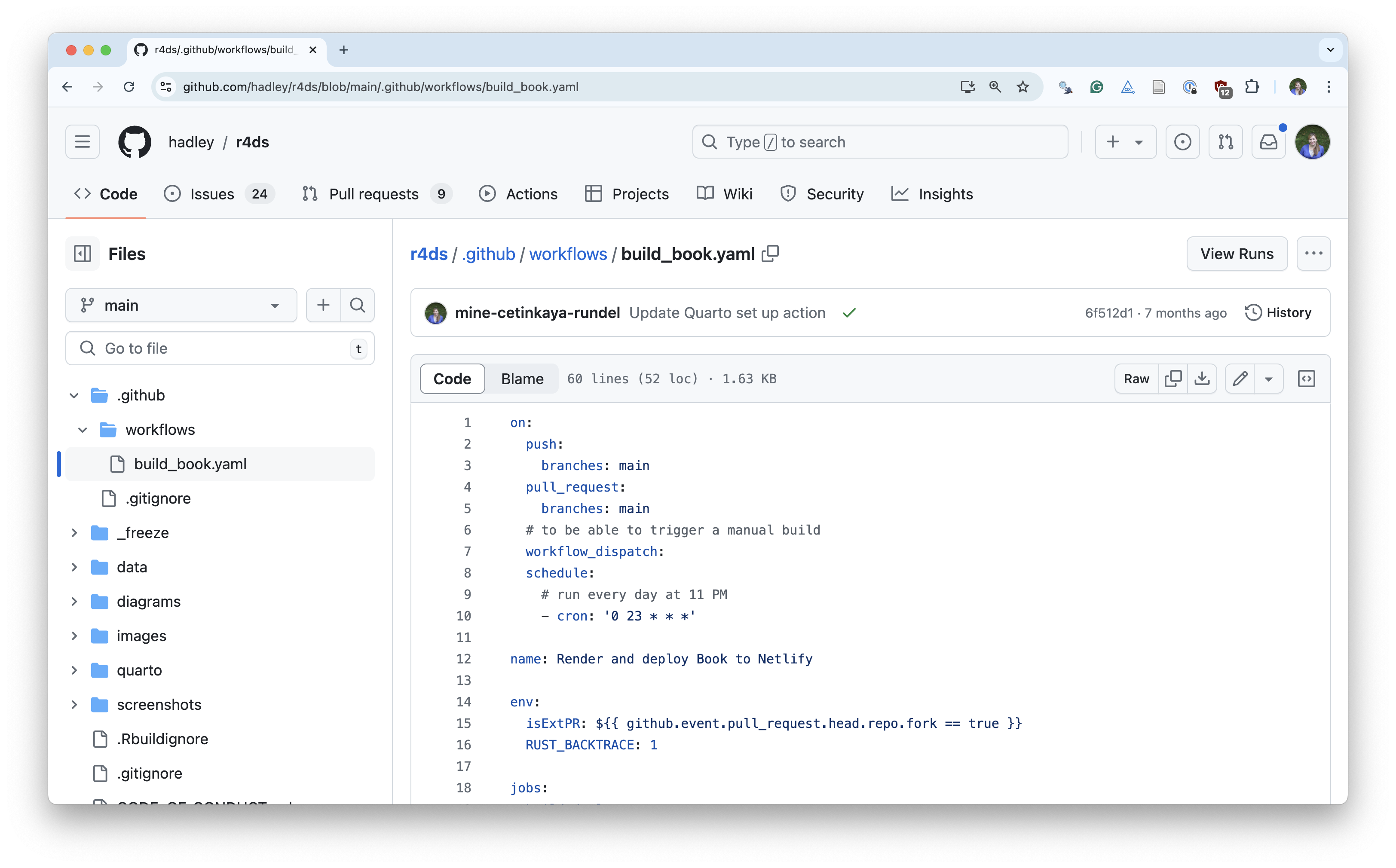 Screenshot of GitHub action for rendering and deploying R for Data Science book from its GitHub repo.