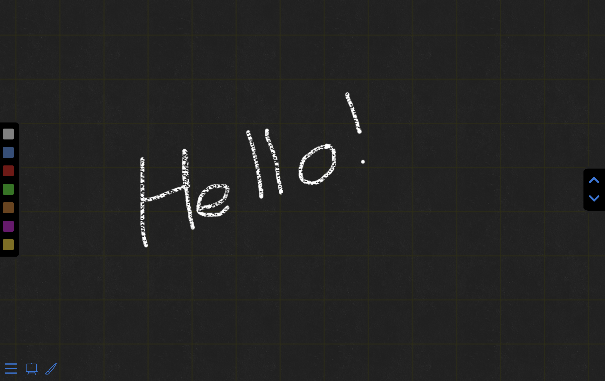 A slide with chalkboard background and the word Hello! is written in white chalk.
