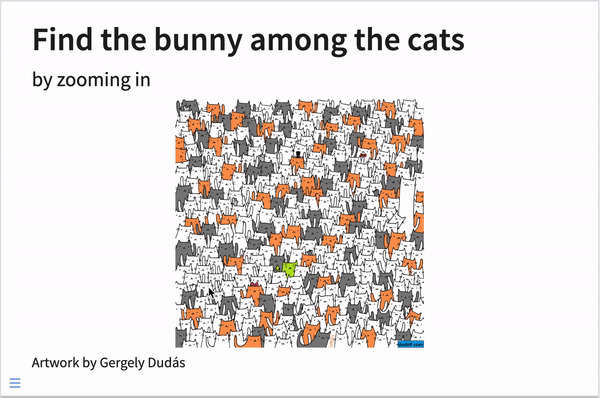 Find the bunny among the cats slide from the post, being zoomed in and out three times.