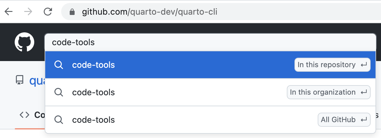 Searching for "code-tools" in the quarto-dev/quarto-cli repo. The search options are "in this repository", "in this organization", and "all GitHub". "In this repository" is highlighted.