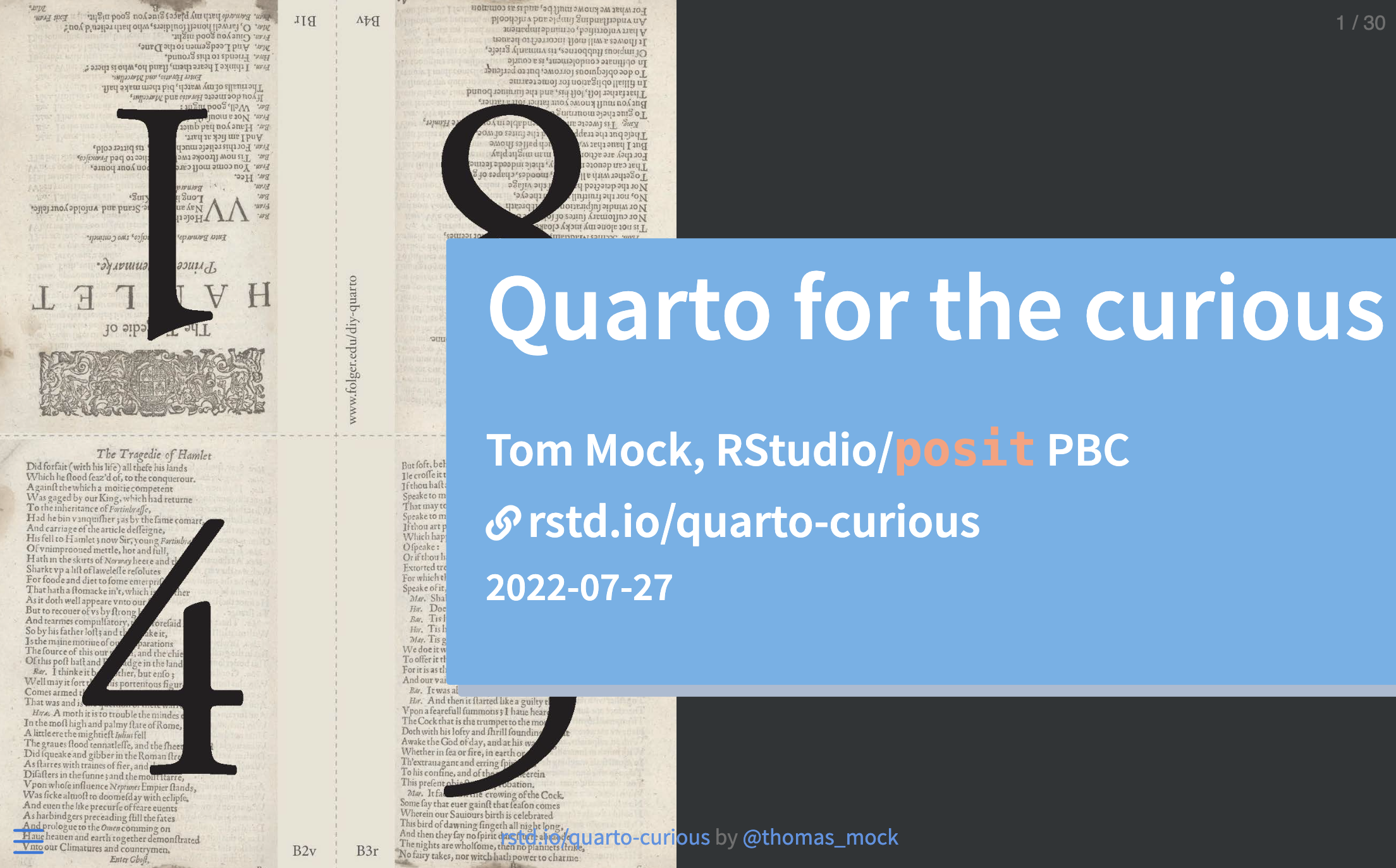 Cover slide with the words Quarto for the curious and photo of an old quarto style printed book.