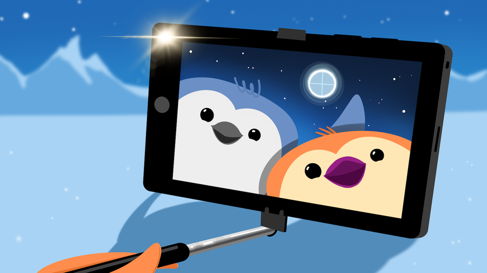 Illustration of two penguins, one blue and one orange, taking a selfie with a selfie stick. The moon in the background looks like the Quarto logo.
