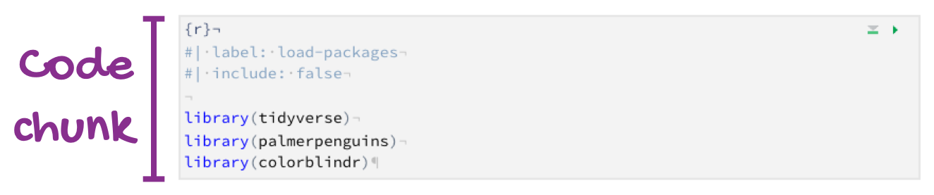 The first code chunk of the of the linked example document titled "Penguins, meet Quarto!", with annotation that reads "Code chunk".