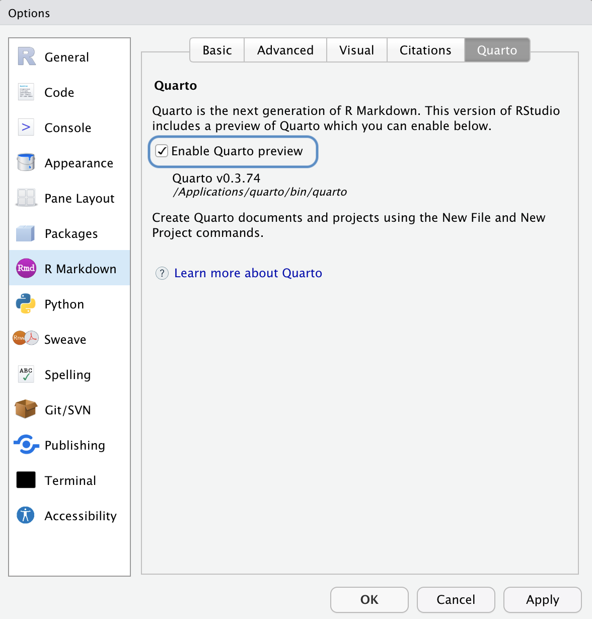 RStudio preferences > R Markdown > Quarto > Check box for Enable Quarto