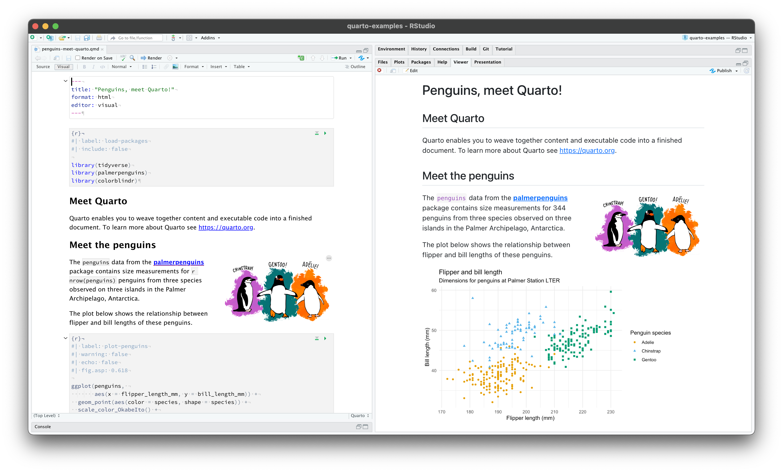 RStudio IDE with a Quarto document titled "Hello Quarto!" open on the left side and a blank viewer pane on the right side.