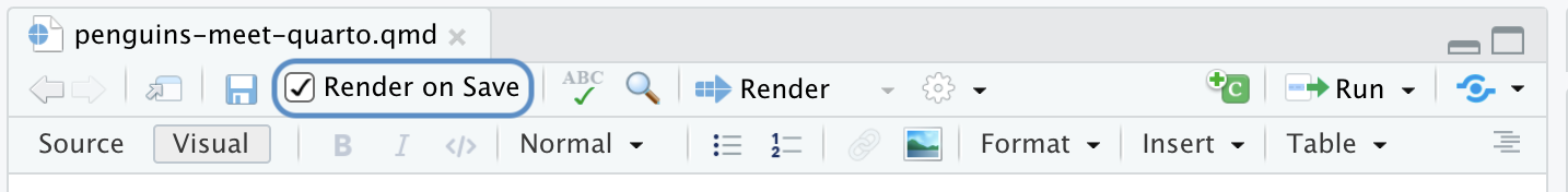 Top of the editor in the RStudio IDE with "Render on Save" checked