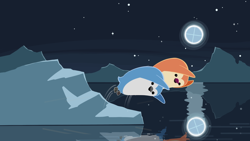 Illustration of two penguins diving into the water from an iceberg, the moon is the shape of the Quarto logo.