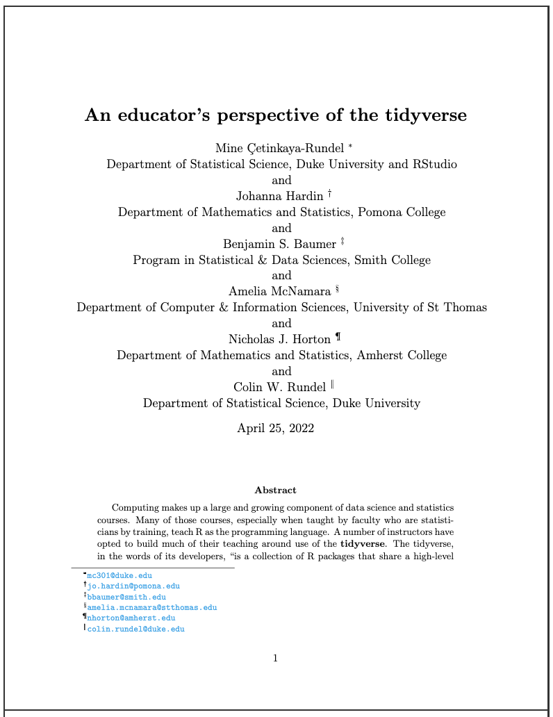Screenshot of the paper titled "An educator's perspective of the tidyverse" from the journal (TISE) website. Shows the title of the paper, the names and affiliations of authors, and part of the abstract.